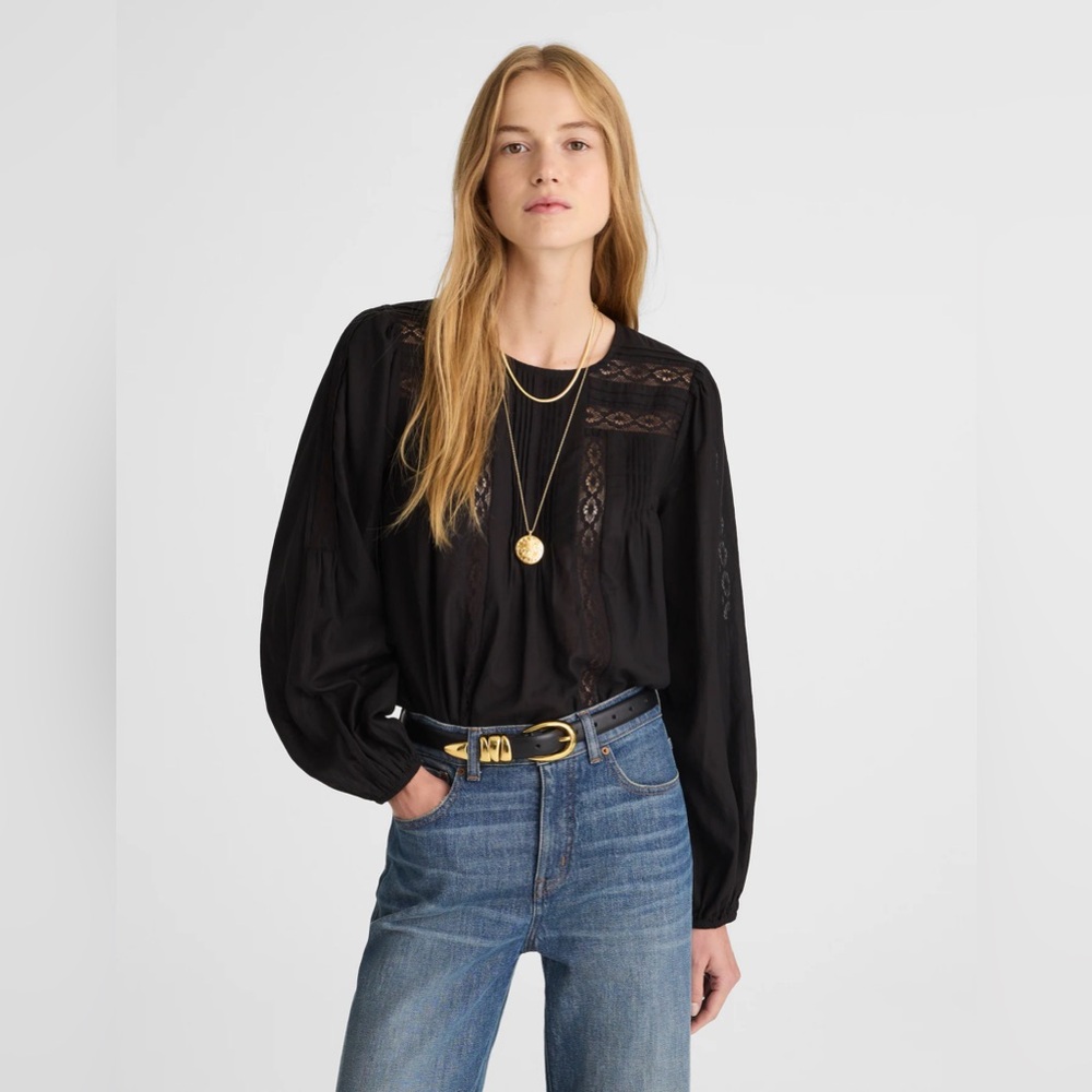 NWT! Madewell | Lace-Insert Pintucked Long-Sleeve Top | Black | Large